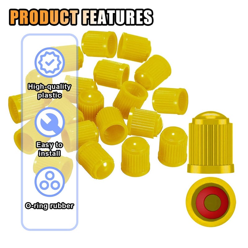 KITUREK 20PCS Tire Valve Stem Caps, Tire Valve Dust Caps Air Caps Cover with O Rubber Seal, Corrosion Resistant Auto Accessories Universal Stem Covers for Trucks Motorcycles Bicycles SUVs (Yellow) - Image 4